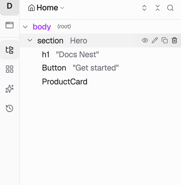 Explorer and canvas: page → body → section → h1, Button, ProductCard